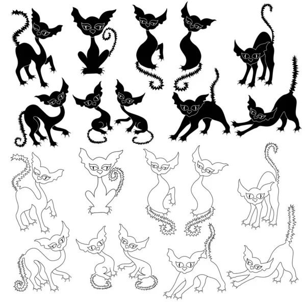 Halloween Set Ten Amusing Cat Silhouettes Ten Respective Contours Vector — Stock Vector