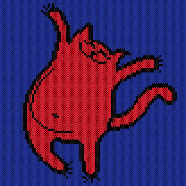 Amüsante Fröhliche Und Dicke Rote Katze Auf Blauem Hintergrund Strickvektormuster — Stockvektor