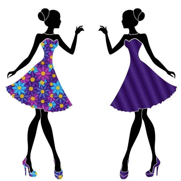 Slim Stylish Young Models Short Dresses Mainly Blue Violet Colors — Stock Vector