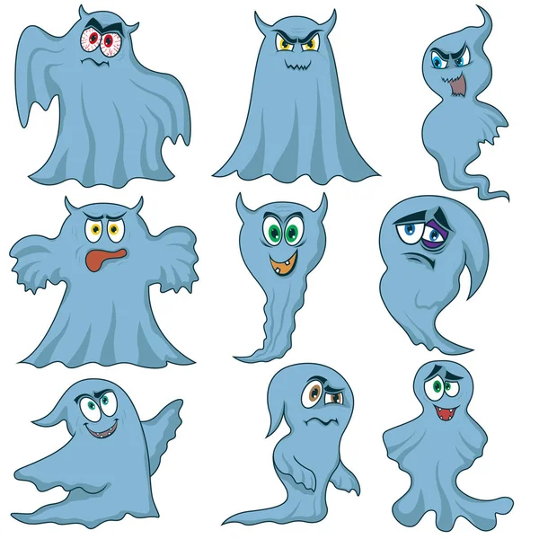 Set Nine Color Funny Phantoms Halloween Various Characters Isolated White — Stock Vector