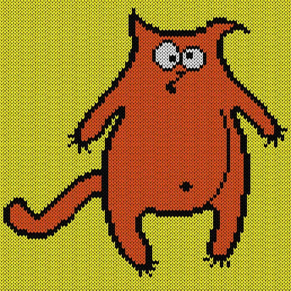 Amusing Fat Surprised Orange Cat Bright Yellow Background Knitting Vector — Stock Vector