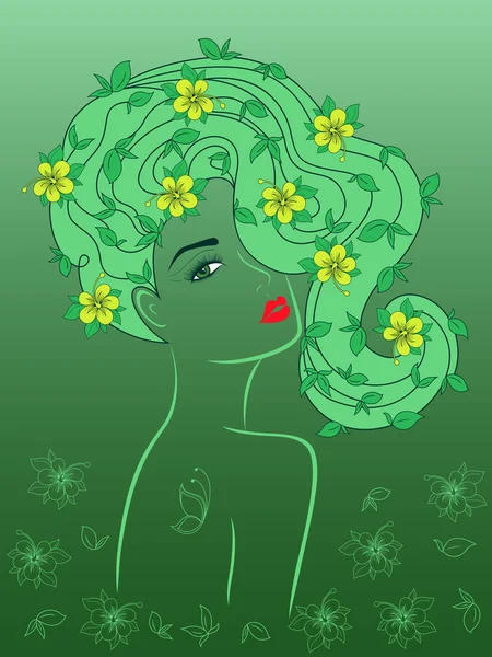 Awesome Charming Girl Yellow Flowers Luxurious Wavy Hair Delicate Green — Stock Vector