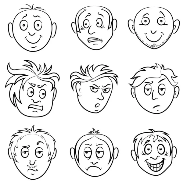 Set Nine Amusing Male Grimaces Sketching Cartoon Vector Outlines Isolated — Stock Vector