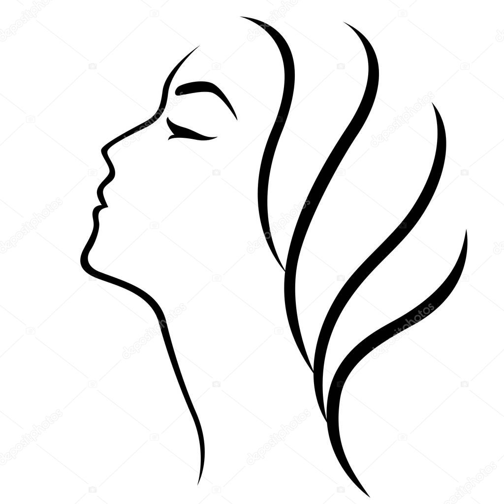 Female head abstract simple outline, stylized vector design element isolated on the white background