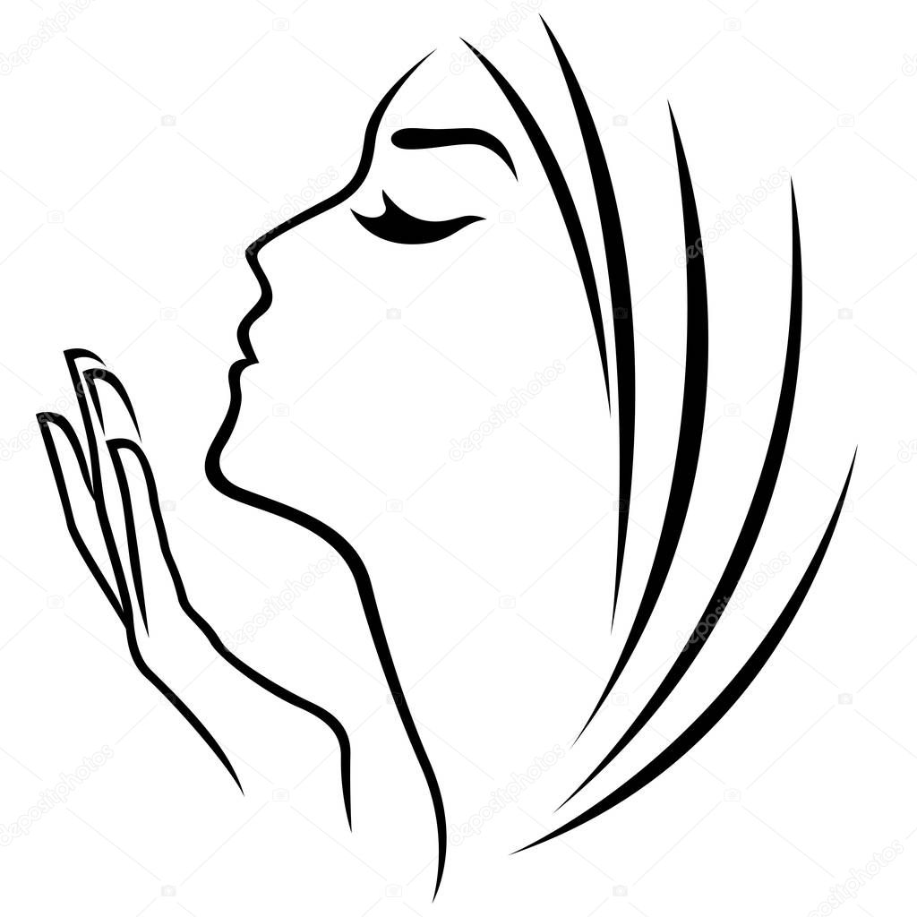Female head and hand abstract simple outline, stylized vector design element isolated on the white background