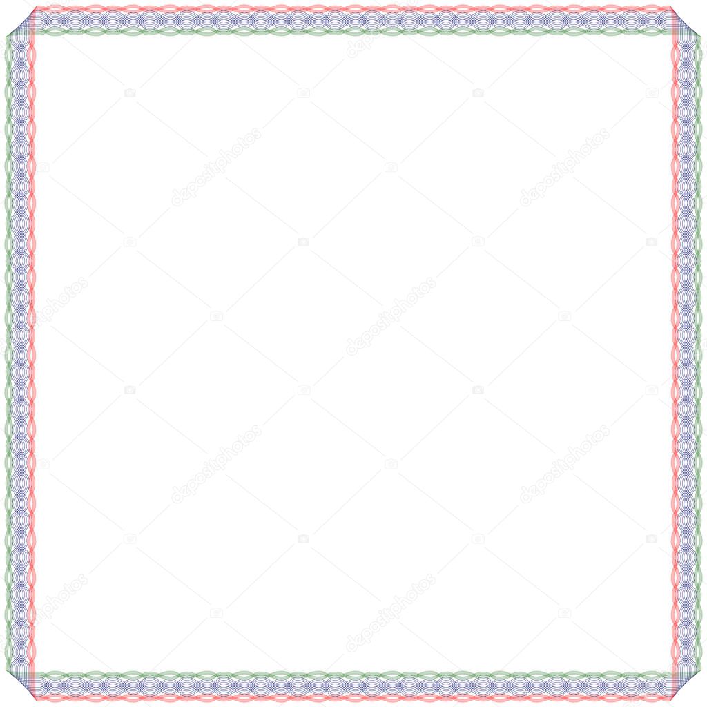 Frame with many swirl ornate interlaced ordering lines isolated in red, blue and green colors on the white background, vector illustration