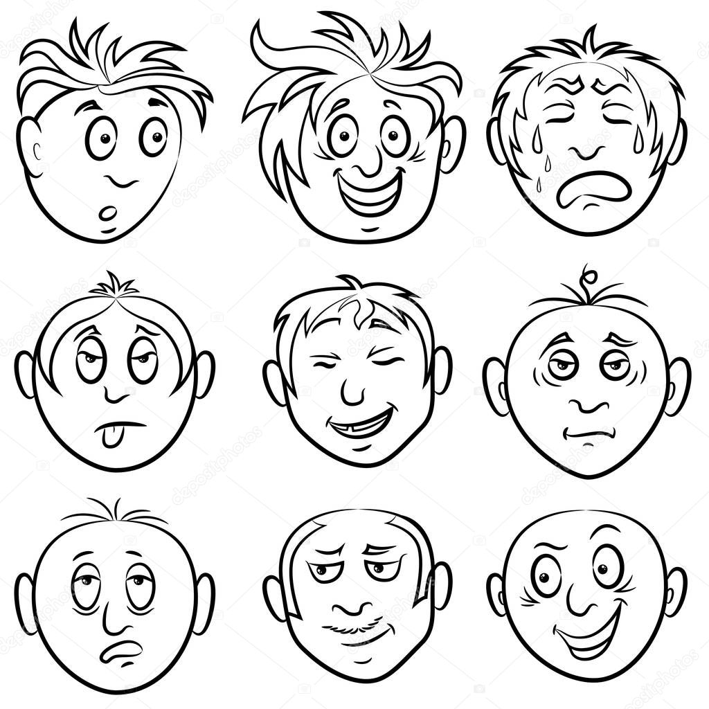 Set of nine various amusing male grimaces, sketching cartoon vector outlines isolated on the white background