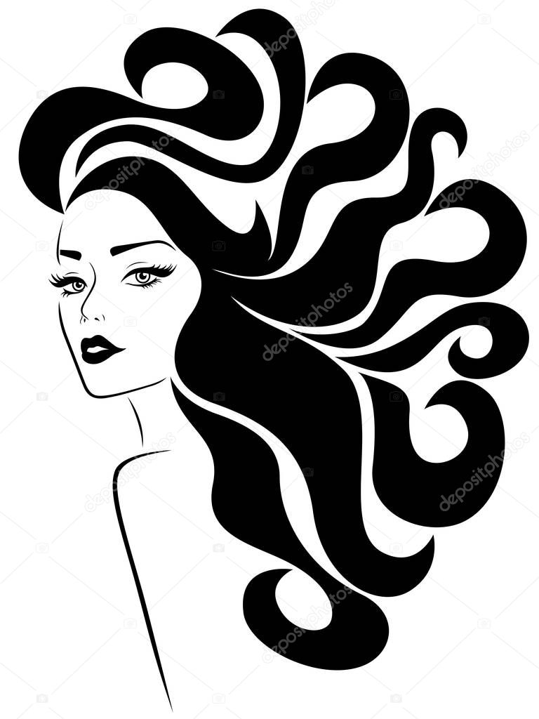 Glamorous lady with long wavy luxurious hair flowing in the wind and with distinctive eyes and lips, hand drawing vector for cosmetic products design