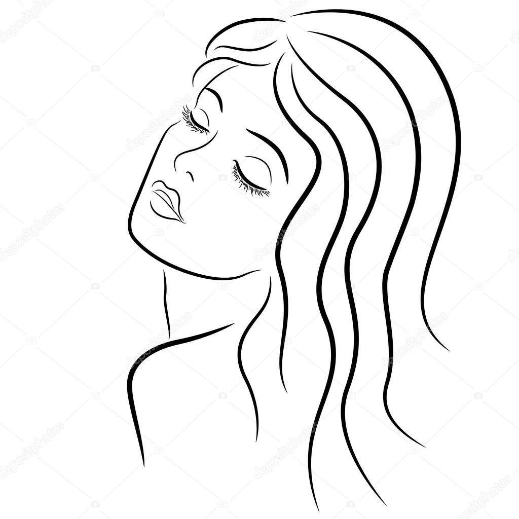 Abstract beautiful woman with closed eyes and with long hair, hand drown vector outline