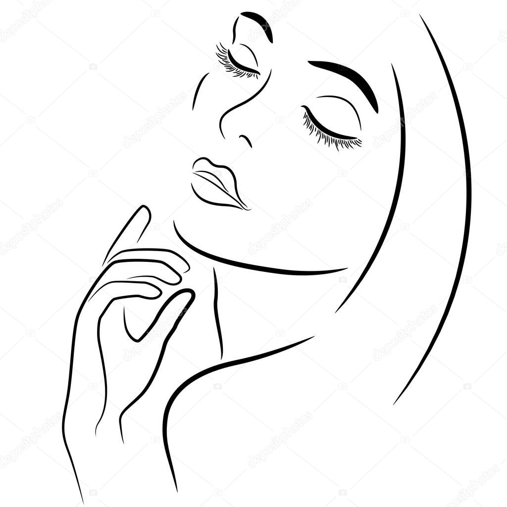 Abstract beautiful woman with closed eyes and with hand near the chin, hand drown vector outline