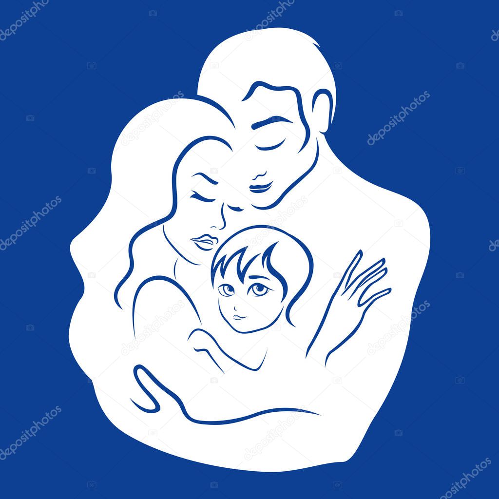 White logo vector that symbolizes strong and loving family on the blue background, hand drawing illustration