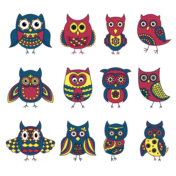 Set of twelve funny owls with various patterns — Stock Vector