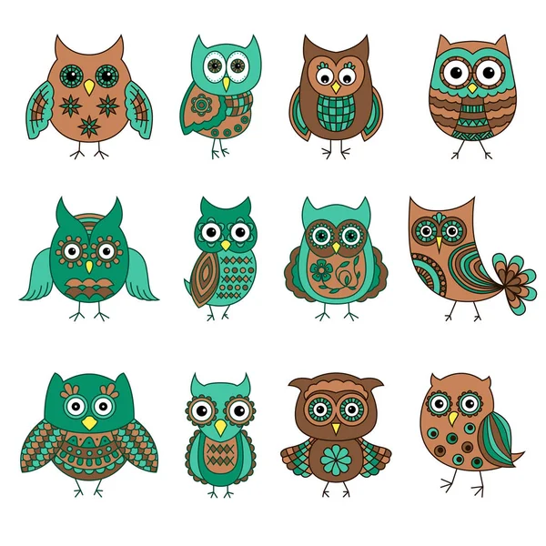 Set of twelve funny cartoon owls with various patterns — Stock Vector