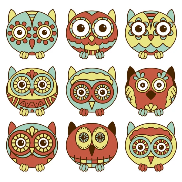 Nine funny oval owls in muted colors — Stock Vector