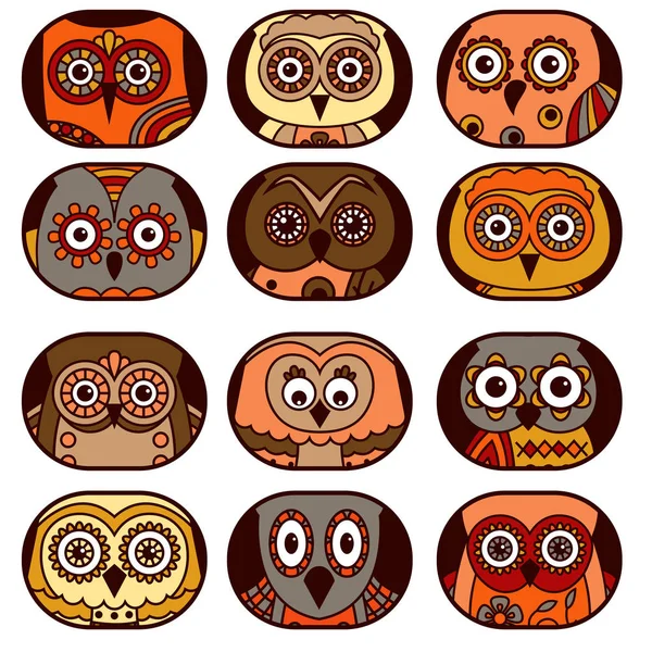 Twelve owl faces in oval shapes — Stock Vector