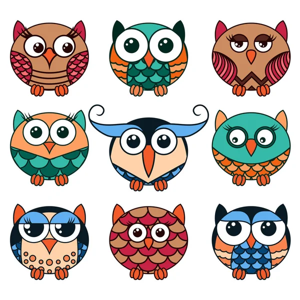 Nine funny owls in oval shapes — Stock Vector