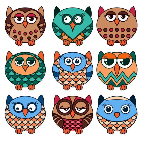 Nine funny oval owls in various colors — Stock Vector