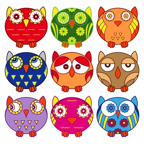 Nine funny owls in oval forms — Stock Vector