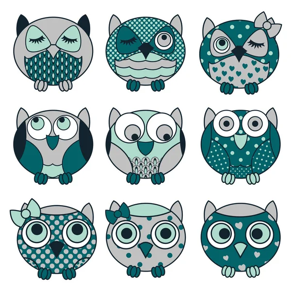 Nine funny oval owls in dark colors — Stock Vector