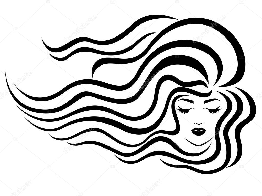 Elegant and charming lady with beautiful hair in flow and closed eyes, black vector isolated on the white background, hand drawing