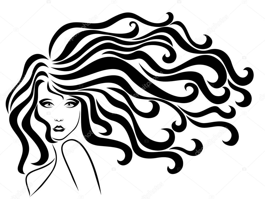 Beautiful and adorable woman with long wavy luxury hair in flow, black vector isolated on the white background, hand drawing