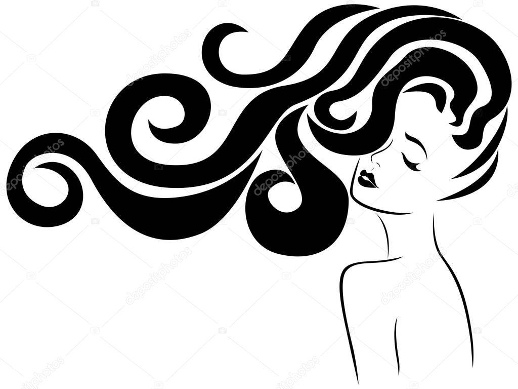 Beautiful and elegant woman with long luxury hair in flow, black vector isolated on the white background, side view, hand drawing