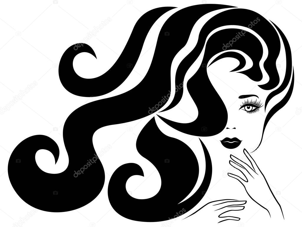 Beautiful and charming woman with long wavy luxury hair in flow and with sensual face, black vector isolated on the white background, hand drawing