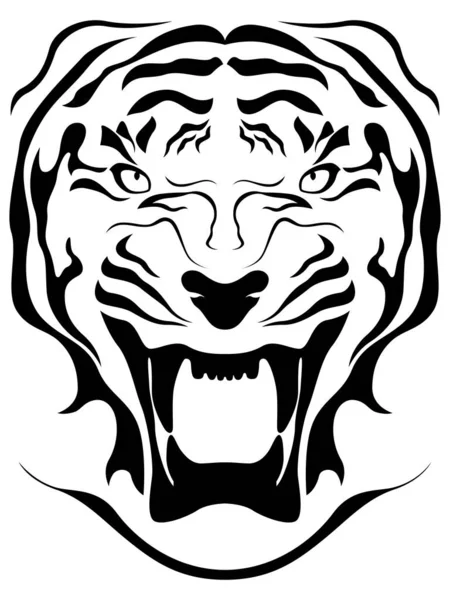 Tête Tigre Agressive Gros Plan Dessin Main Contour Vectoriel Isolé — Image vectorielle