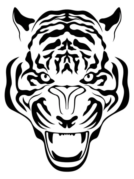 Head Aggressive Tiger Close Hand Drawing Vector Outline Isolated White — Stock Vector