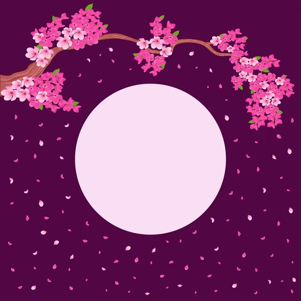 Képeslap Virágzó Sakura Ágakkal Finom Rózsaszín Virágokkal Bíbor Alapon Szöveges — Stock Vector