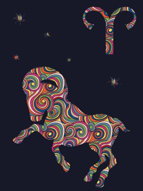 Burç burcu Koç burcu koyu gri arka planda, yıldızlı, astrolojik sembollü, vektör illüstrasyonlu renkli, sessiz dalgalı şekillerle doludur.