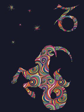 Burç burcu Oğlak, koyu gri arka planda yıldızlı, astrolojik sembollü, vektör illüstrasyonlu renkli, sessiz dalgalı şekillerle doludur.