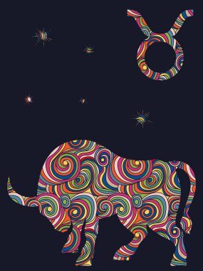 Zodiac işareti Taurus, koyu gri arka planda, yıldızlı, astrolojik sembollü, vektör illüstrasyonlu renkli, sessiz dalgalı şekillerle doludur.