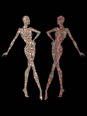 Bayanların vücut siluetinin stilize edilmiş çizimi çeşitli şekillerde dekore edilmiş, siyah arka planda izole edilmiş.