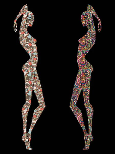 Esquisse Stylisée Deux Dames Contour Corps Décoré Divers Motifs Isolé — Image vectorielle