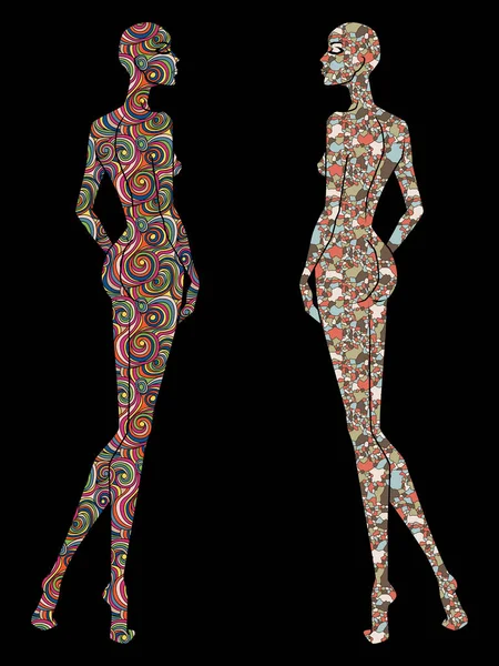 两个女士身躯轮廓的造型素描装饰着各种图案 孤立在黑色背景上 — 图库矢量图片