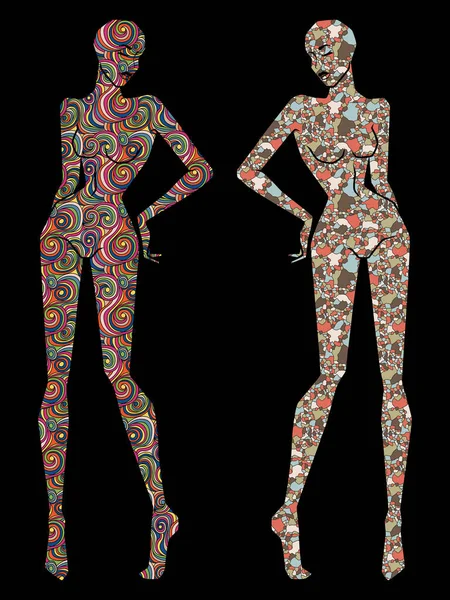 用不同图案装饰的女士身体的铅笔 在黑色背景上孤立的轮廓 — 图库矢量图片