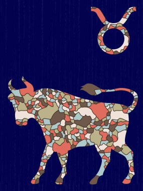 Zodiac işareti Taurus koyu mavi arkaplanda koyu mavi mozaik şekillerle doldurulmuş astrolojik semboller, vektör illüstrasyonu