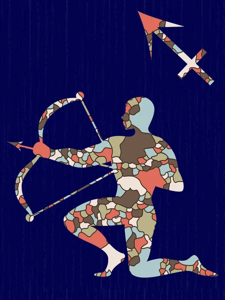 Знак Зодиака Стрелец Заполнен Красочными Приглушенными Мозаичными Фигурами Темно Синем — стоковый вектор