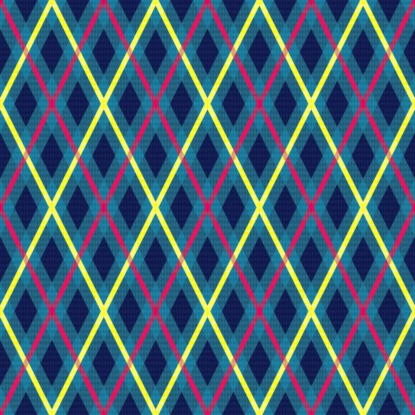 菱形无缝图解图案 主要为蓝色格子布 有明亮的粉色和黄色线条 格子布 格子布 床上用品 毛毯和其他纺织品的质地 — 图库矢量图片