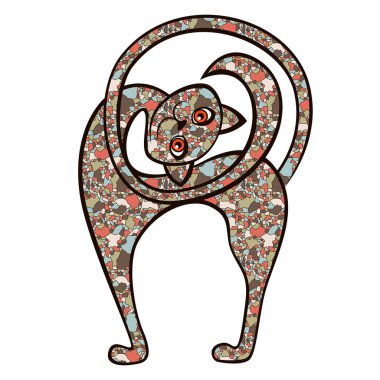 Kafası gövdesi yana eğilmiş eğlenceli kedi beyaz arka planda izole edilmiş renkli sessiz mozaik şekillerden oluşur, vektör çizimi