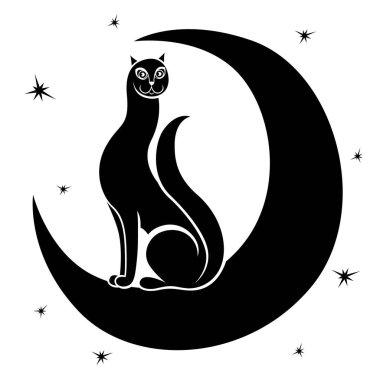 Ay üzerindeki zarif ve eğlenceli kedi silueti, izole edilmiş siyah vektör eli beyaz üzerine çiziyor.
