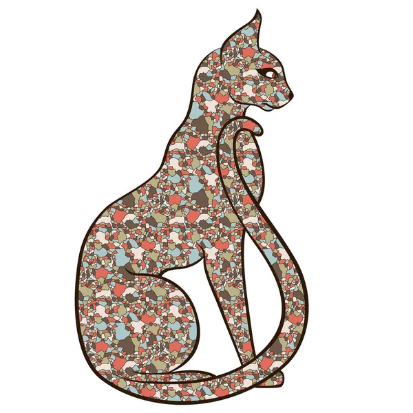 Витончена Серйозна Кішка Довгим Хвостом Тілом Зроблена Різнокольорових Приглушених Мозаїчних — стоковий вектор