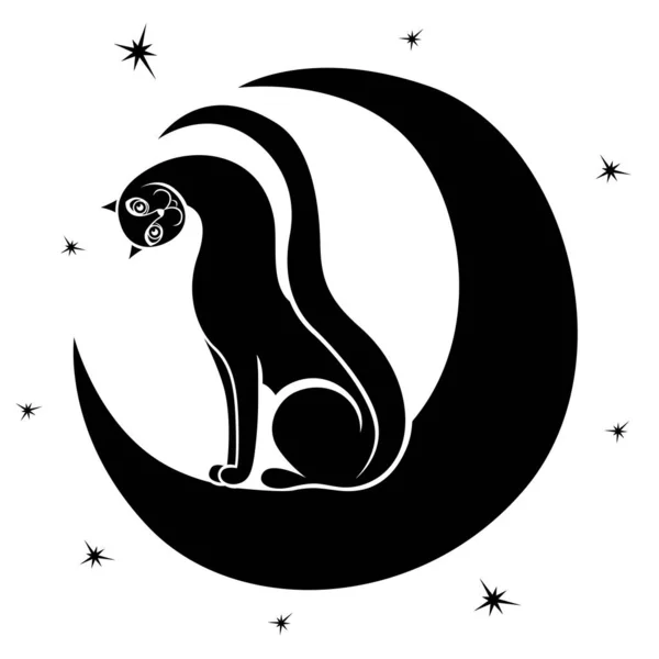 Obrys Zábavné Kočky Měsíčním Pozadí Izolované Černé Vektorové Ruční Kreslení — Stockový vektor
