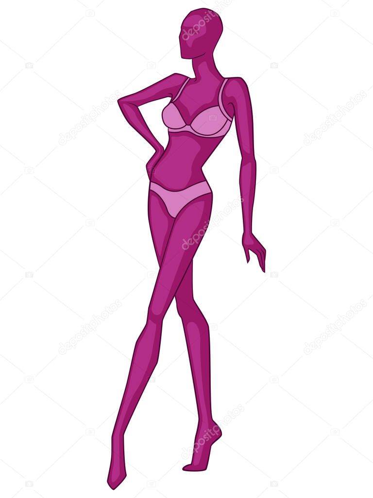 Abstract silhouette of slender woman in lingerie, in magenta hues isolated on white background