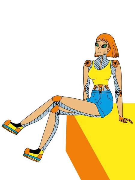 Fantastic Cartoon Robot Girl Summer Clothes Yellow Blue Vector Made — стоковый вектор
