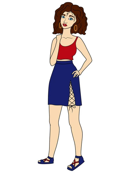 Fashionable Cartoon Girl Summer Clothes Red Blue Colors Vector Made — Stock Vector