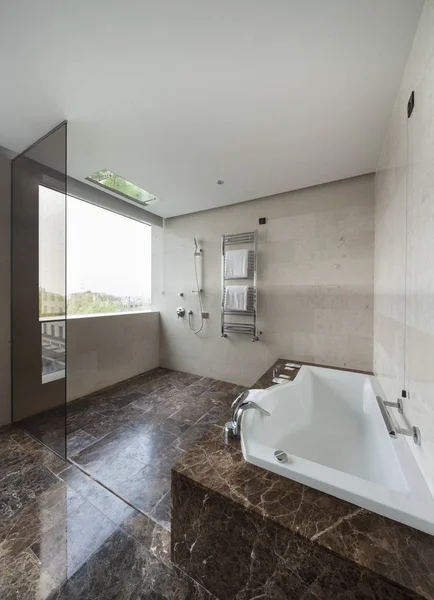 Interior Del Baño Moderno Con Lavabo Doble Espejos Grandes Bañera — Foto de Stock