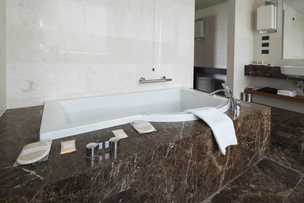 现代化的浴室内饰 配有双水槽和大镜子 景观窗户和毛巾 — 图库照片