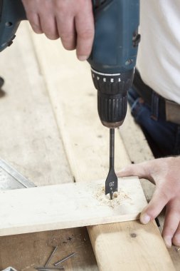 Düz ahşap matkap. marangoz. kopya alanı